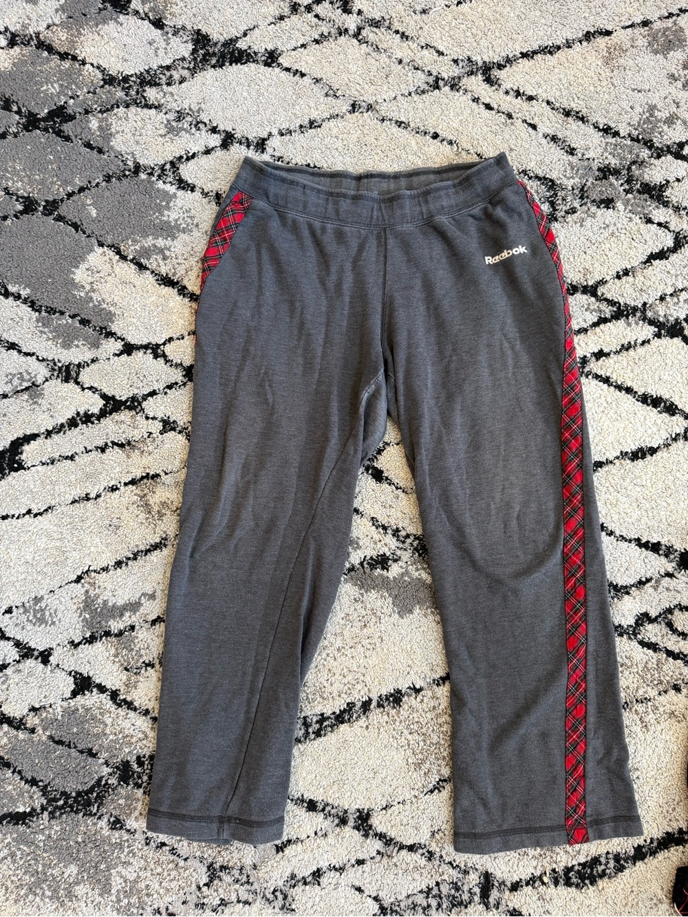 Reebok adult XL Gray Track Pants with Red Plaid Stripe